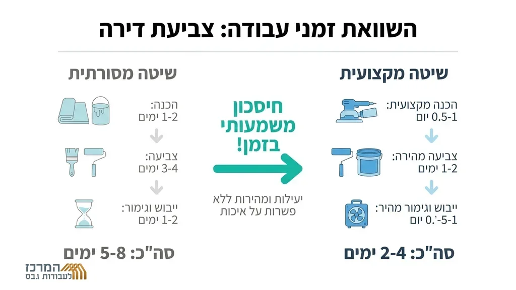 לאחר הפסקה העוסקת בזמני העבודה (כמה זמן לוקח לצבוע דירה). איש מקצוע צובע קיר בצורה חלקה ומדויקת