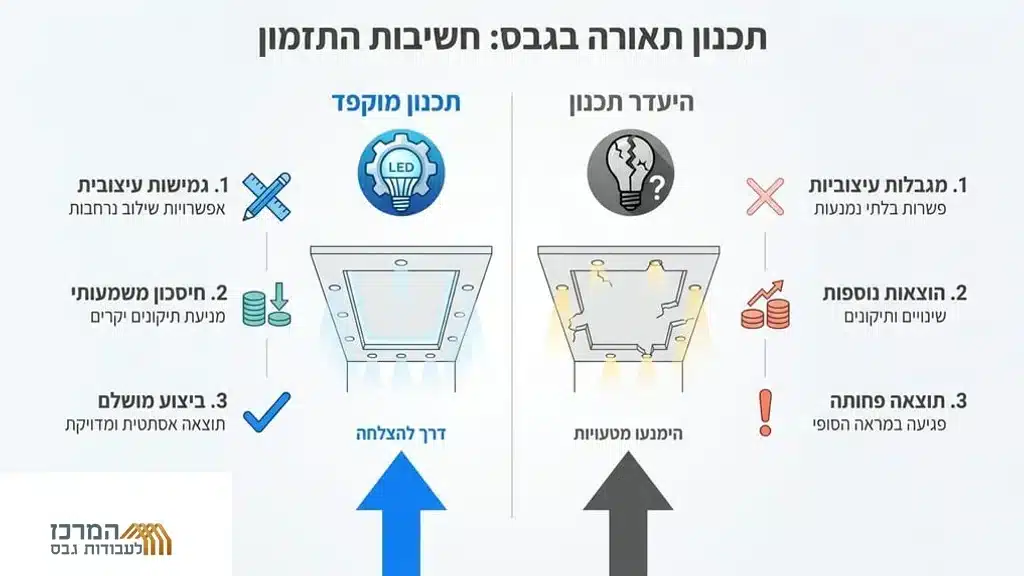 אחרי הפסקה המסבירה על חשיבות התכנון המוקדם של התאורה. תכנון מוקדם של תאורה בתקרת גבס עם שרטוטים אדריכליים