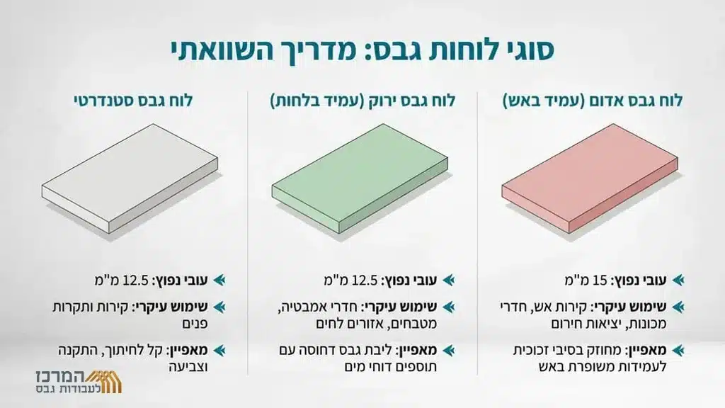 Construction phase showing different drywall boards לוחות גבס מסוגים שונים בתהליך עבודה