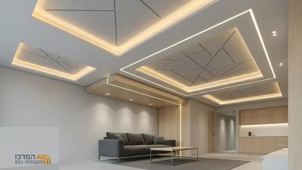 Acoustic ceiling with modern lighting תקרה אקוסטית מעוצבת בסלון